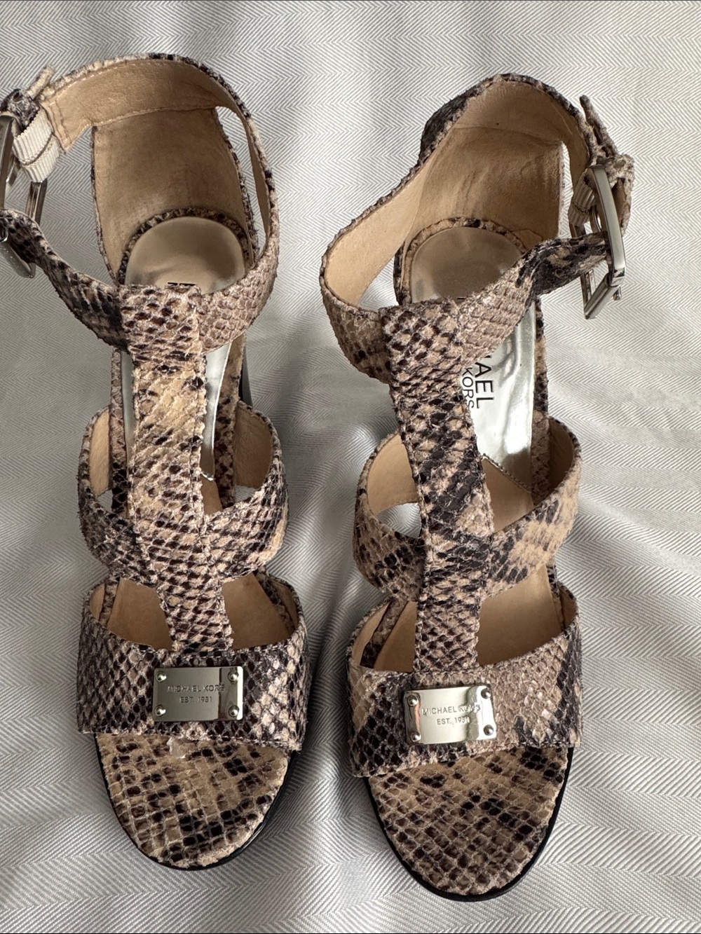 Michael Kors Neutral Snake-Print Strappy Heel Sandals